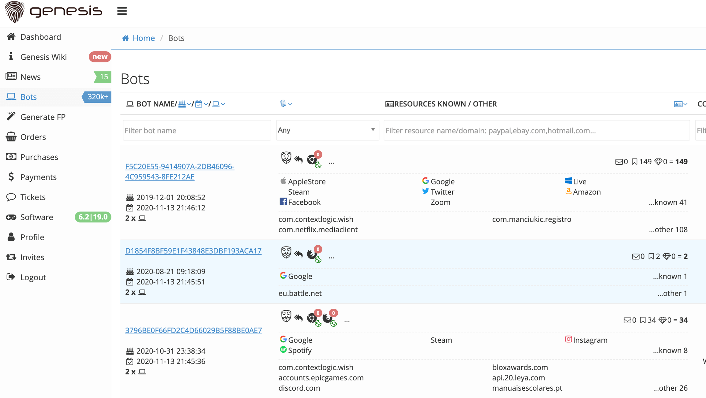 Bot count available on Genesis marketplace on October 20, 2020: 323,000