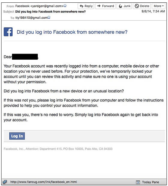 Figure 5: Fake Facebook phishing email—evidence in the federal indictment against Park Jin Hyok