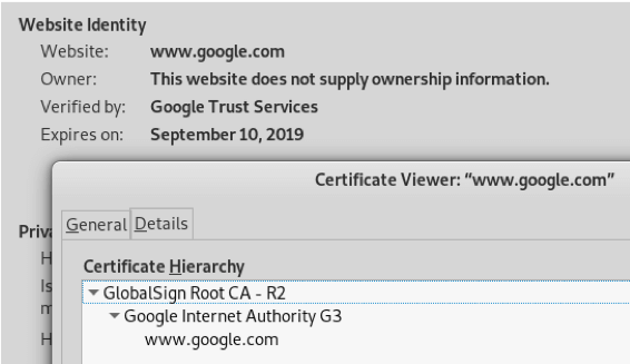 Figure 8. Standard Google certificate without interception
