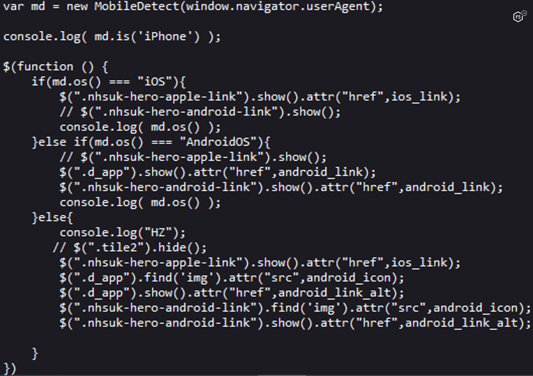 Figure 2. Javascript that changes the download URL based on the victim’s User-Agent header.