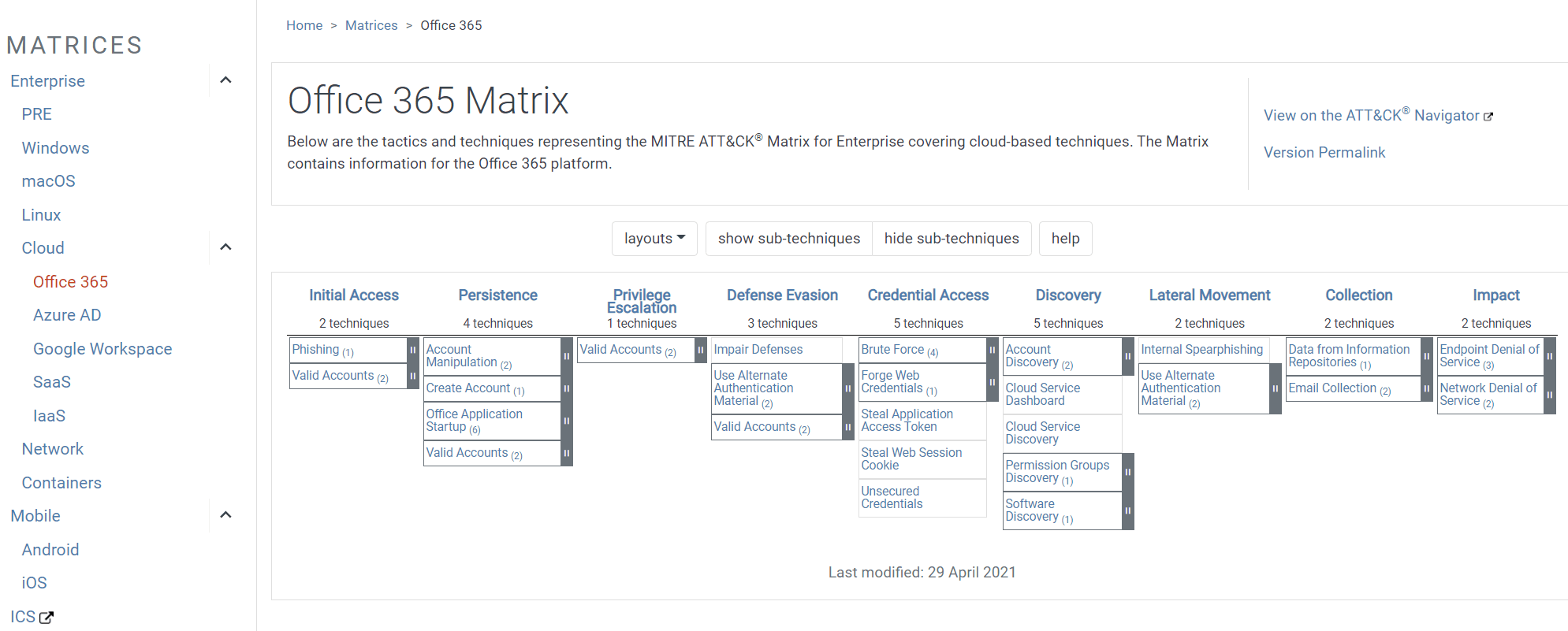 Figure 11. Filtering the Enterprise matrix for Office 365 shows only the tactics and techniques that apply to this cloud-based platform.