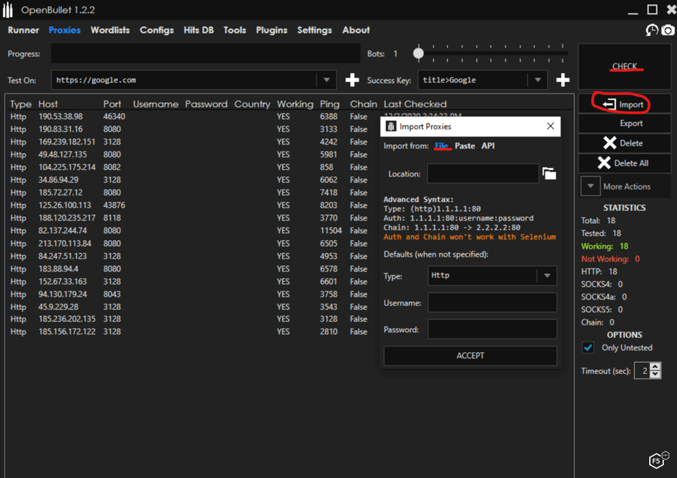 A screencap showing the OpenBullet credential stuffing tool interface, demonstrating how to load proxies.