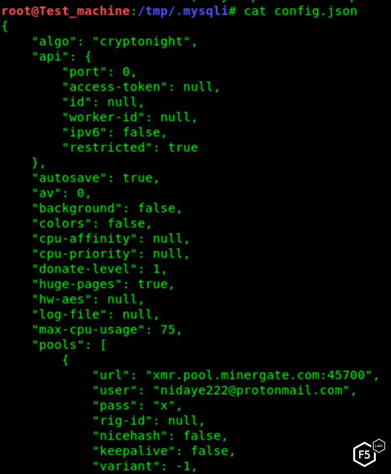 Figure 22. Configuration file for the XMRig cryptominer
