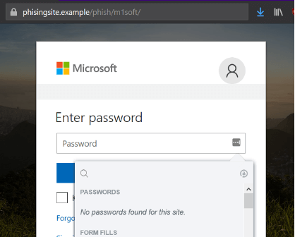 Screenshot showing a password manager with no auto-fill options for a phishing page