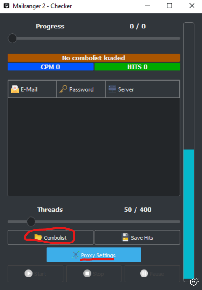 A screencap showing the credential combolist loading into MailRanger.