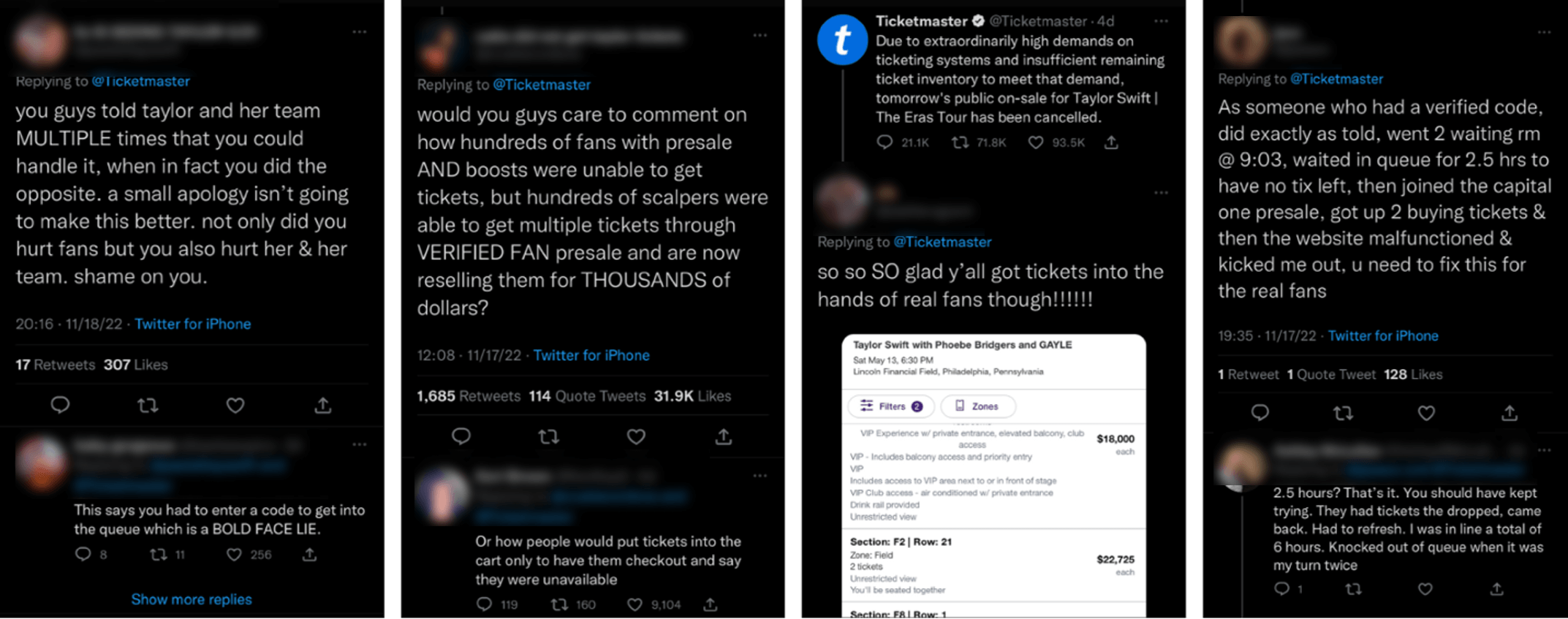 Frustrated would-be customers who lost out on concert tickets due to reseller bots. Source: Twitter.
