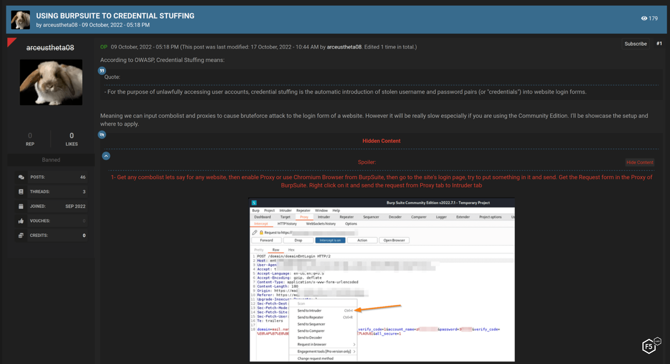 Figure 12. Dark web screenshot from cracked[.]to with instructions for using Burp Suite for credential stuffing.