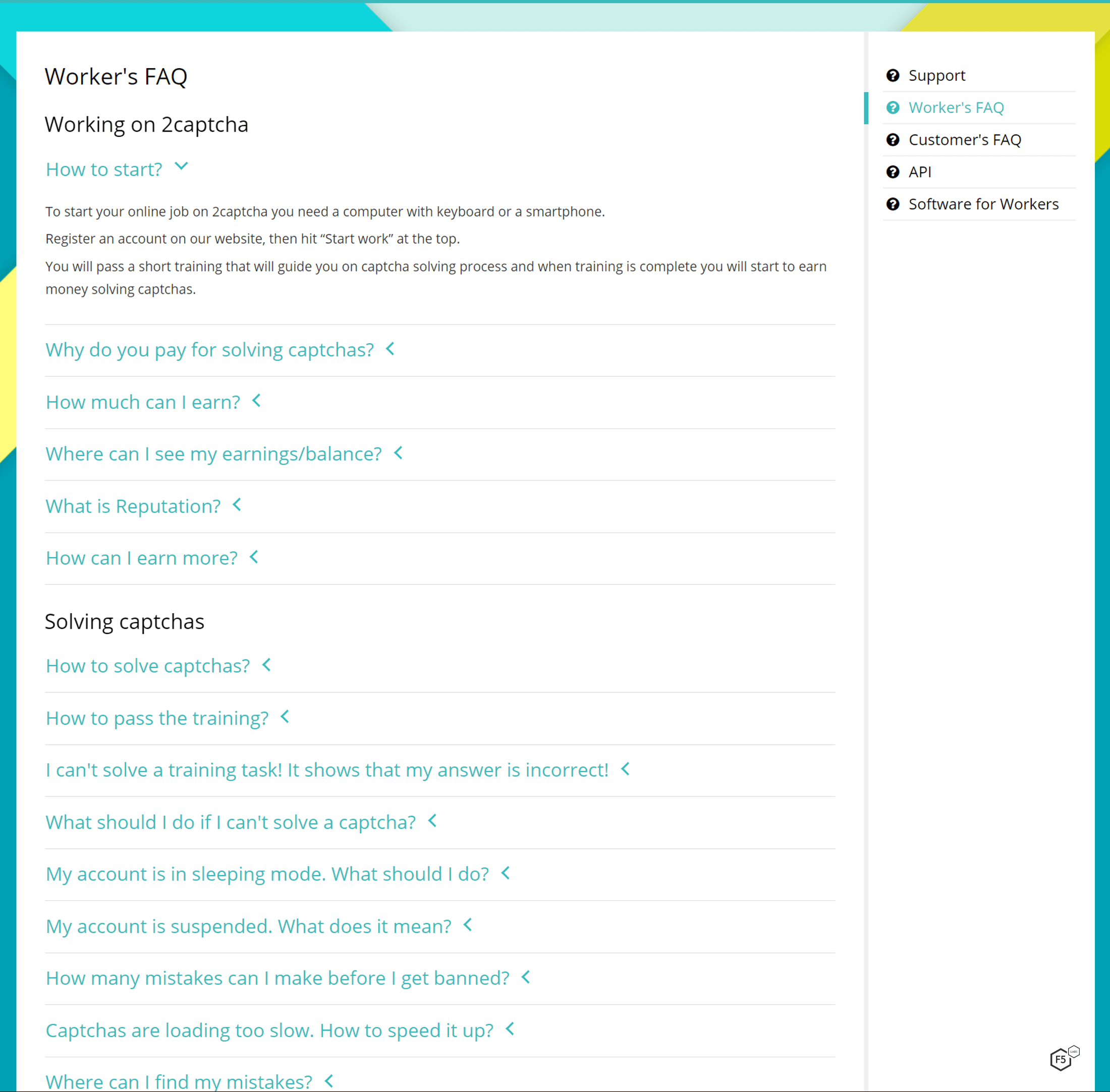 Example of 2Captcha’s FAQ page for workers. A similar page is available for “customers.”