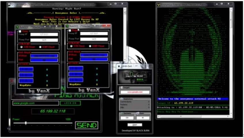 Figure 2: Screenshot from the video of multiple attack tools in use at once