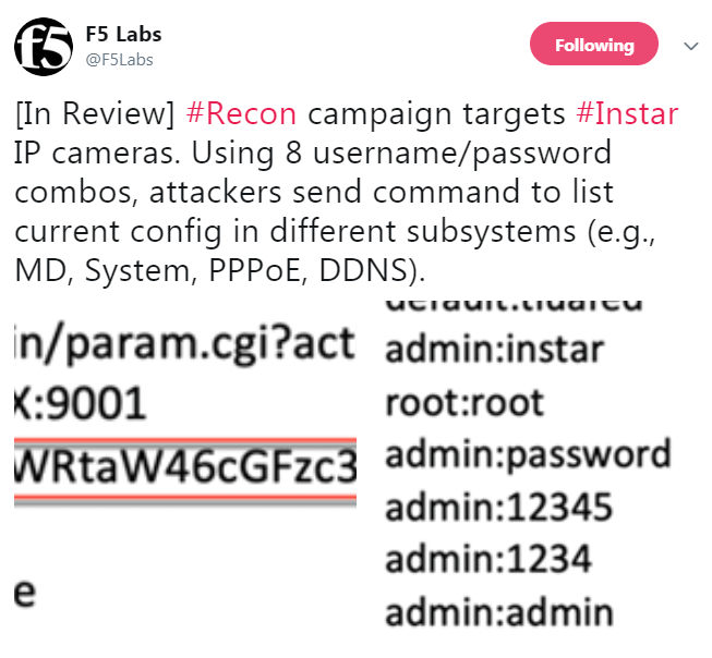 Figure 6: New Thingbot Building Campaign targeting Instar cameras with known default credentials.