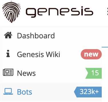 Genesis Marketplace menu showing wiki, bots, and news