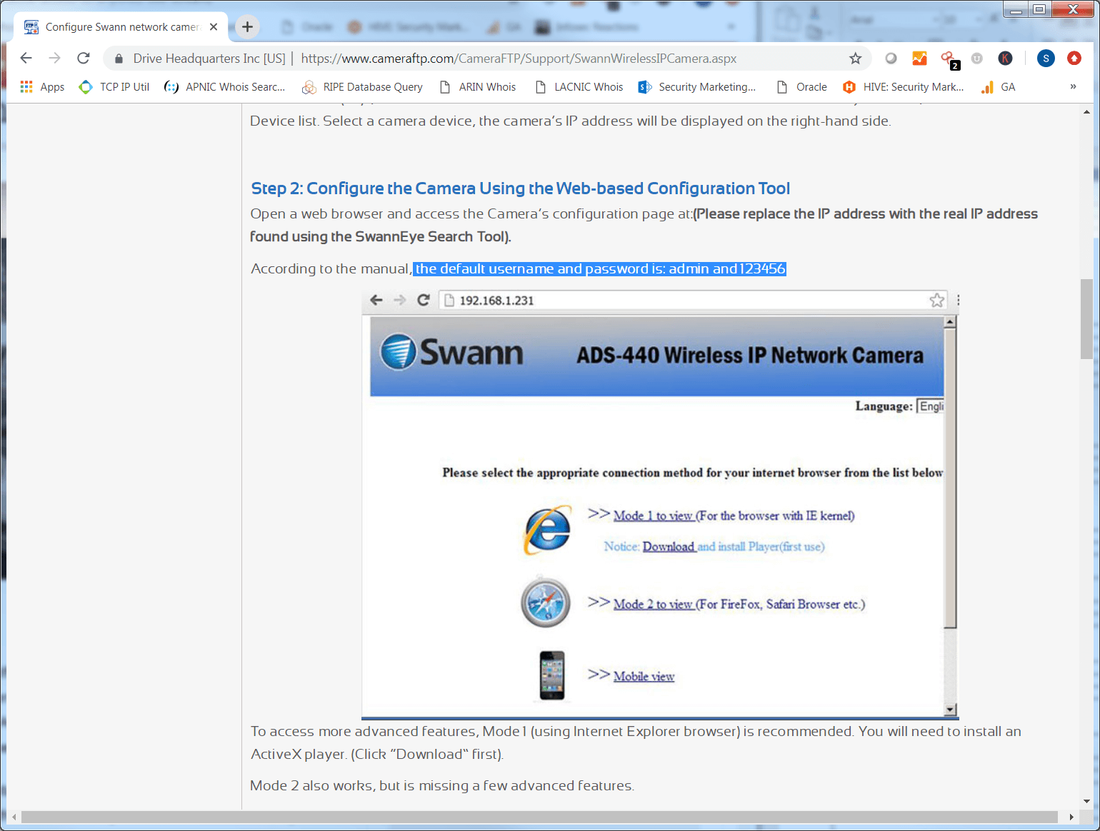 Figure 4: Admin username and password for Swann IP cameras.