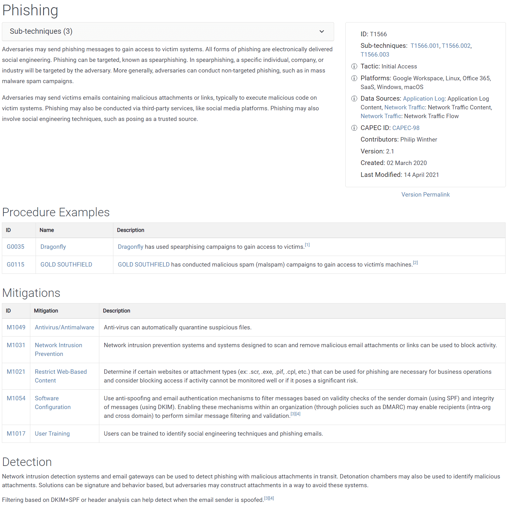 Figure 6. Detail page for the Phishing tactic under Initial Access.
