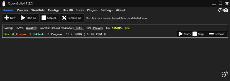 A screencap showing the OpenBullet credential stuffing tool interface, launching a credential stuffing attack.