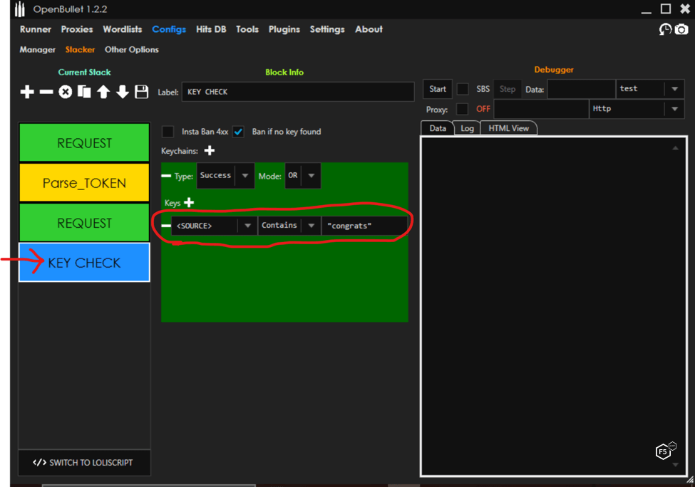 A screencap showing the OpenBullet credential stuffing tool interface, demonstrating how to configure a key check block.