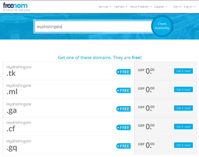 Screenshot of the Freenom registrar’s website, which offers many domain names for free