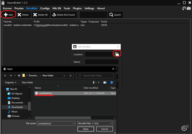A screencap showing the OpenBullet credential stuffing tool interface, demonstrating how to load credential combolists.