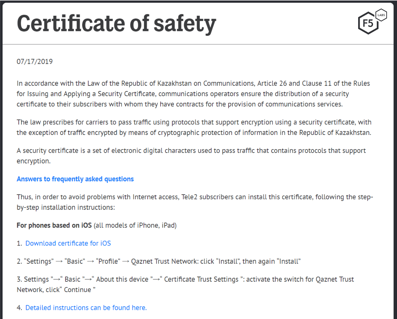 Figure 5. Tele2 instructions on how to install the safety certificate