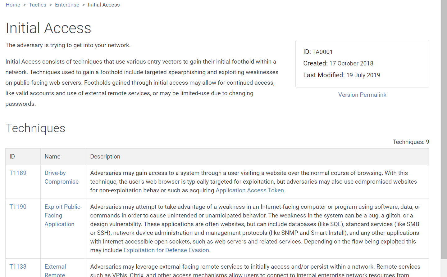 Figure 5. The detail page for the Initial Access tactic includes metadata and applicable techniques.