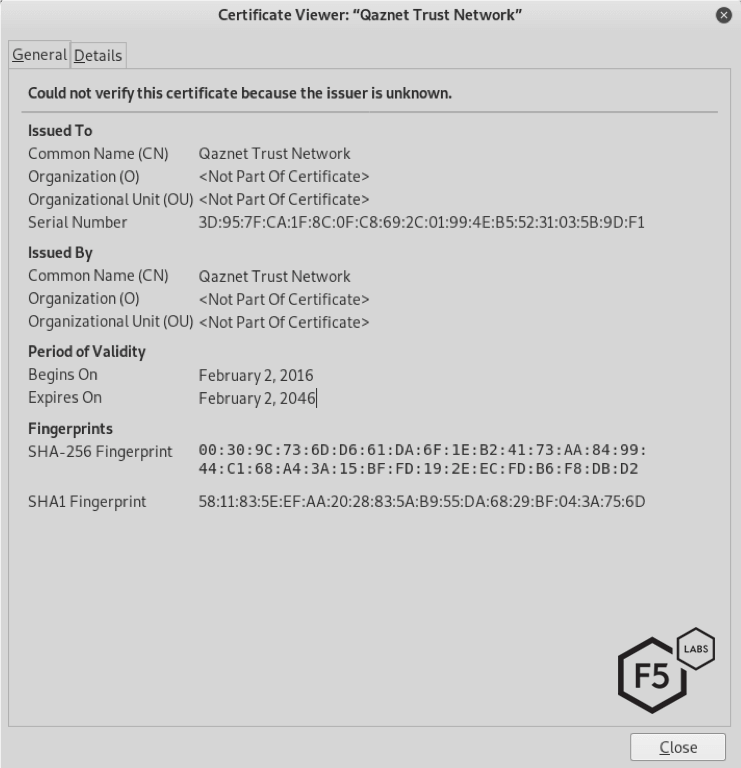Figure 12. The most widely used root 'safety' certificate qazca.cer as created by Qaznet