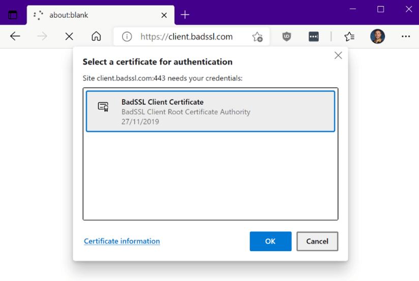 An example of a web browser prompting a user to select a client certificate with which to authenticate to a website.