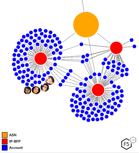Network cluster diagram showing devices and networks accessing fake accounts