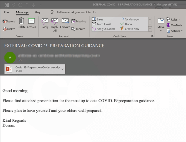 Screenshot of a phishing email with malicious PowerPoint presentation attached