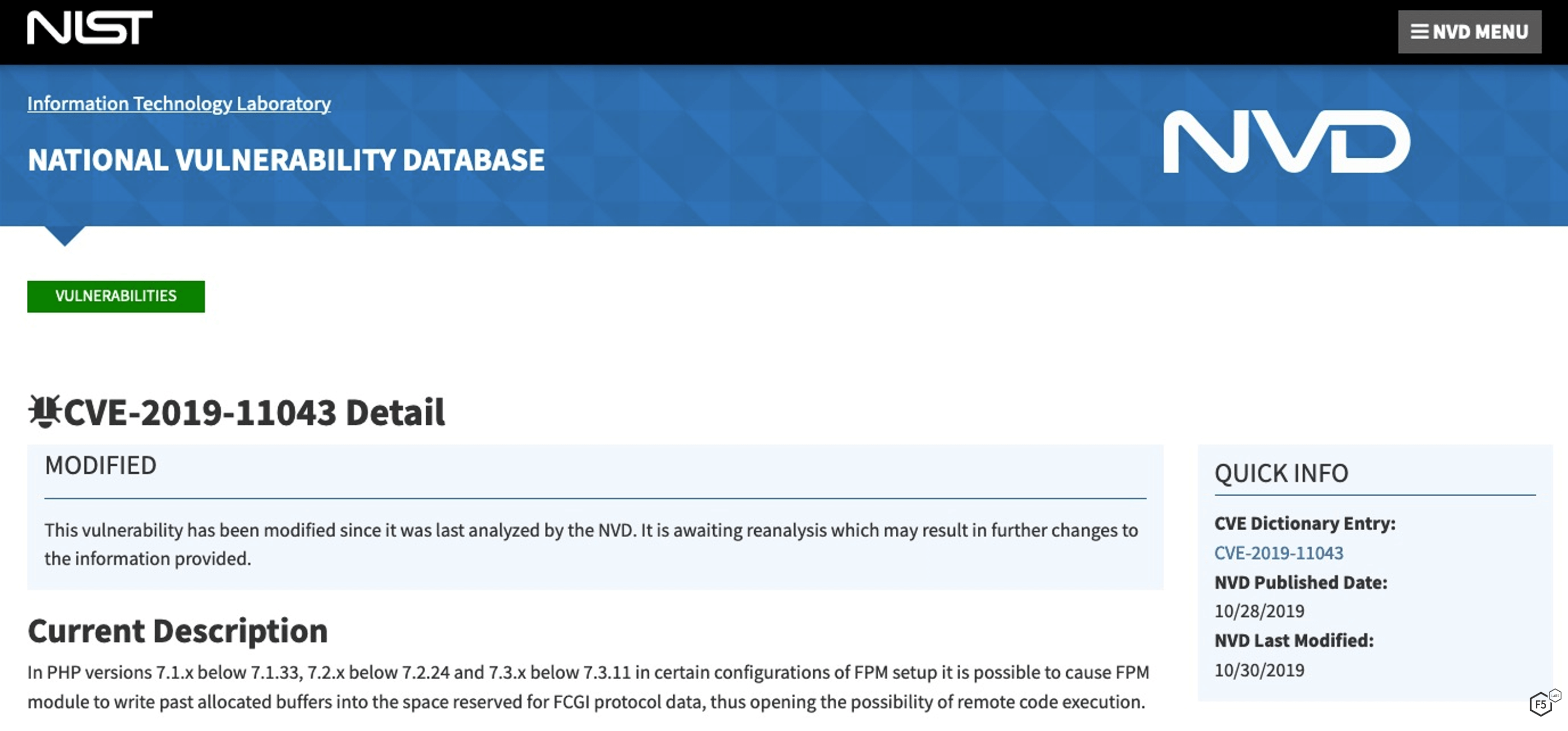 Figure 1. Description of CVE-2019-11043 at National Vulnerability Database site.