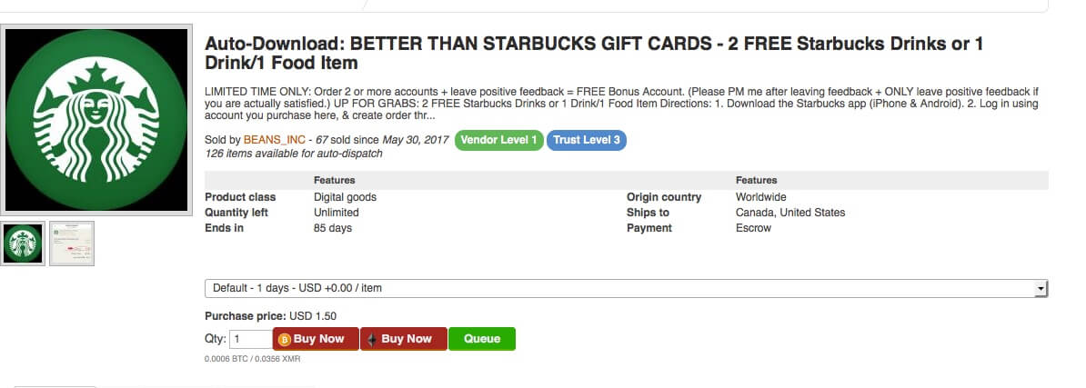 Figure 22: An ad for selling stolen Starbucks card numbers