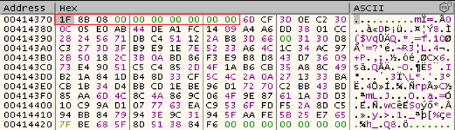 Figure 7: Screenshot of the malware with the gzip header highlighted