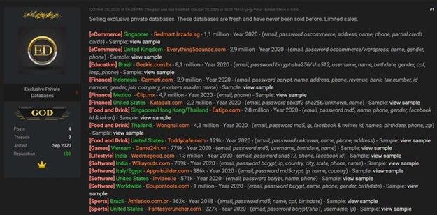 Figure 14. Databases for sale (Credit: Bleeping Computer).