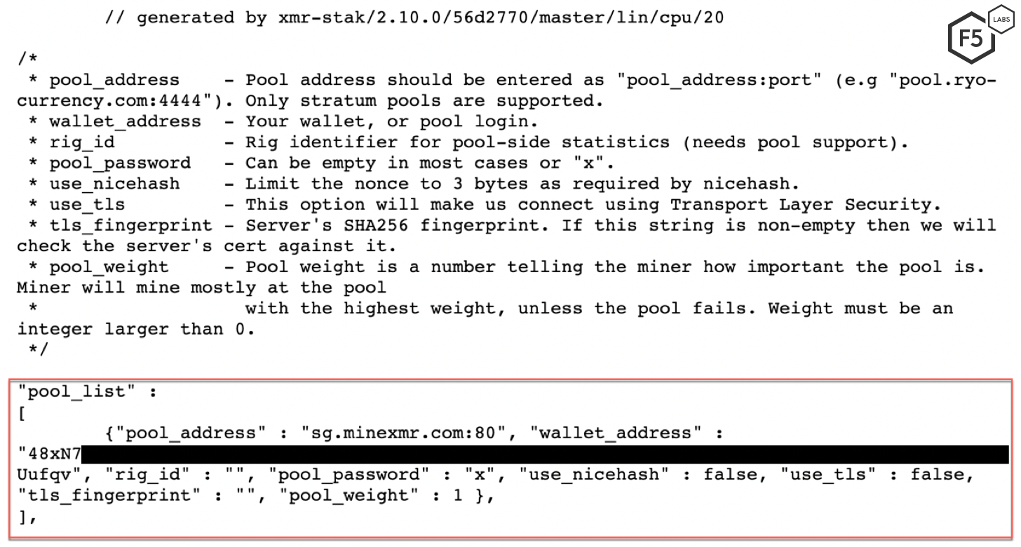 Figure 7. The configuration file containing the cryptominer’s wallet address. 