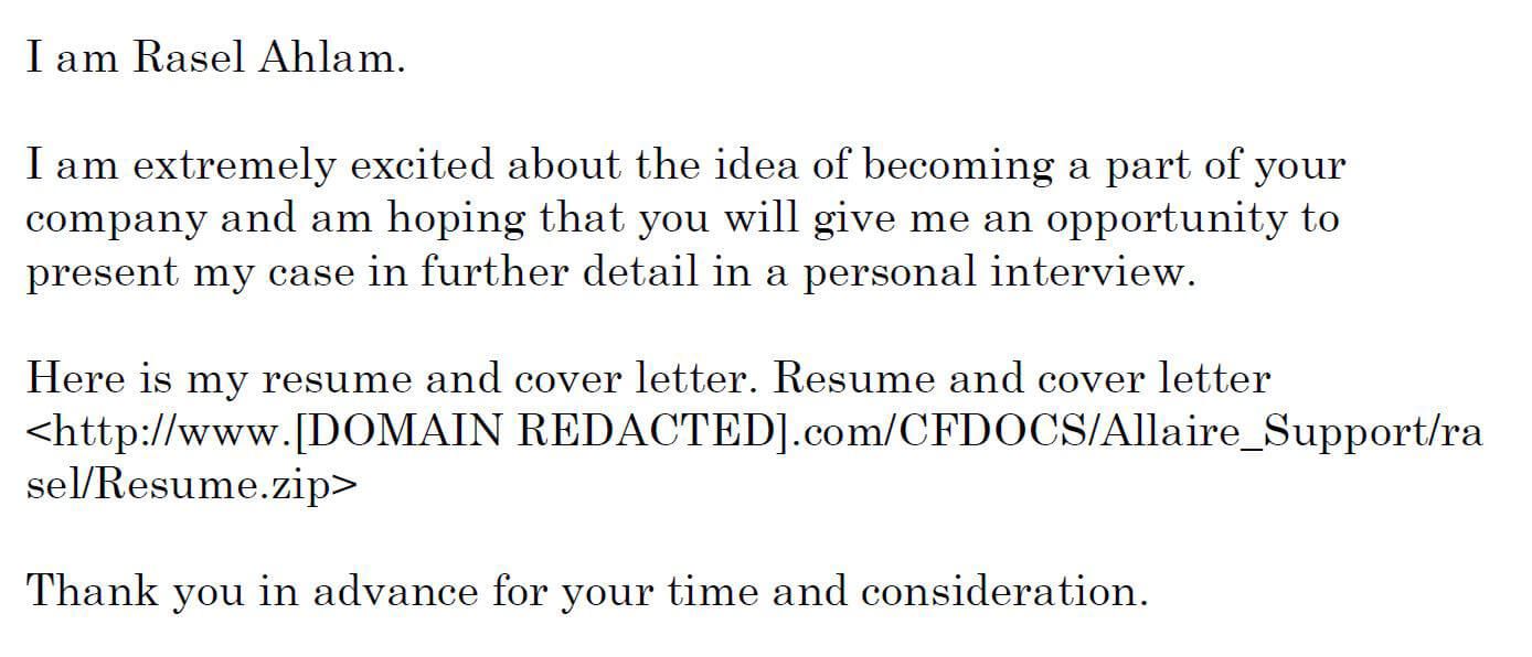 Figure 10: Email from the Park Jin Hyok federal indictment luring the recipient to open an attached resume (zip file)