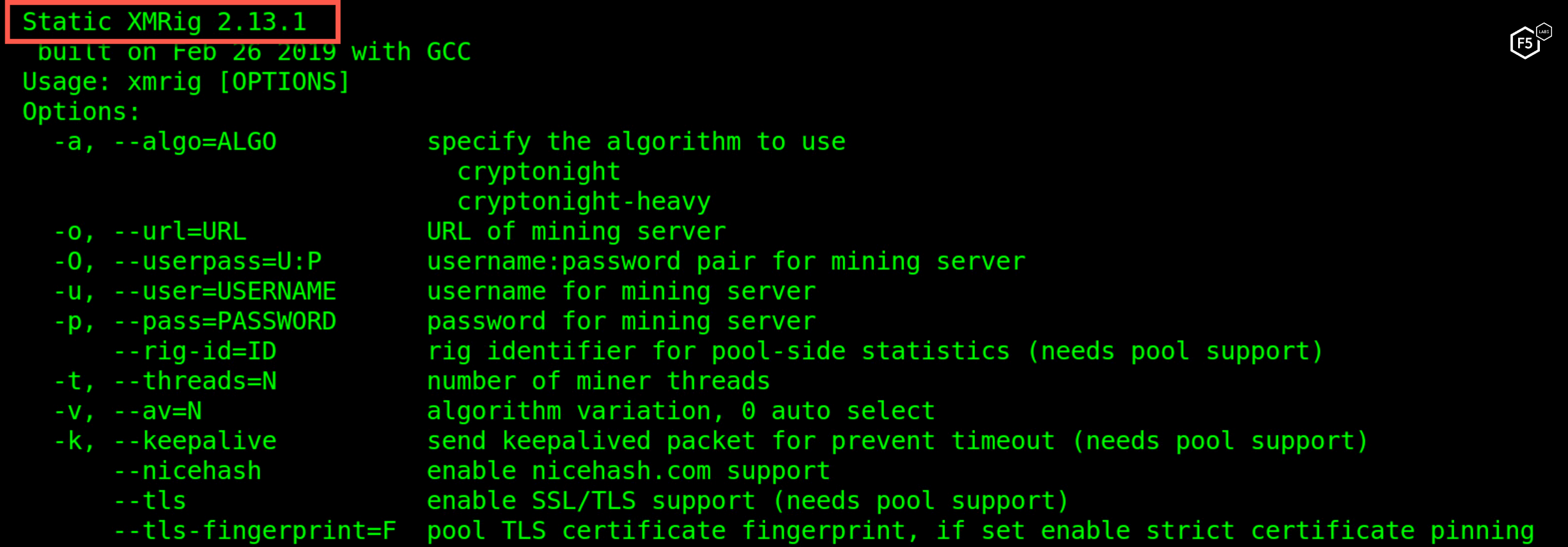 Figure 21. XMRig 2.13.1 is used to mine Monero cryptocurrency
