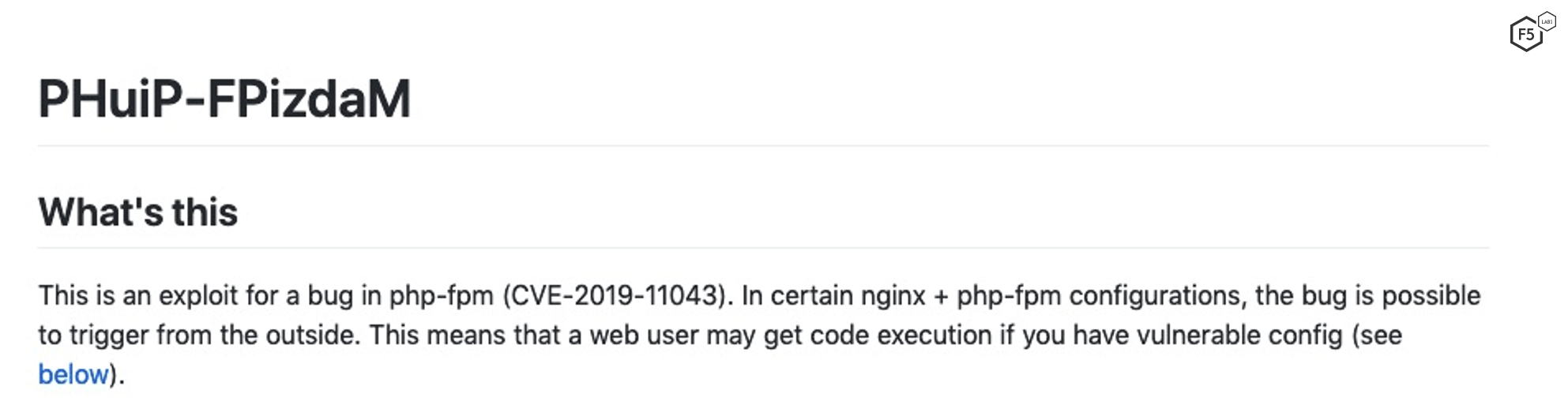 Figure 4. Exploit detail for CVE-2019-11043 from https://github.com/neex/phuip-fpizdam.