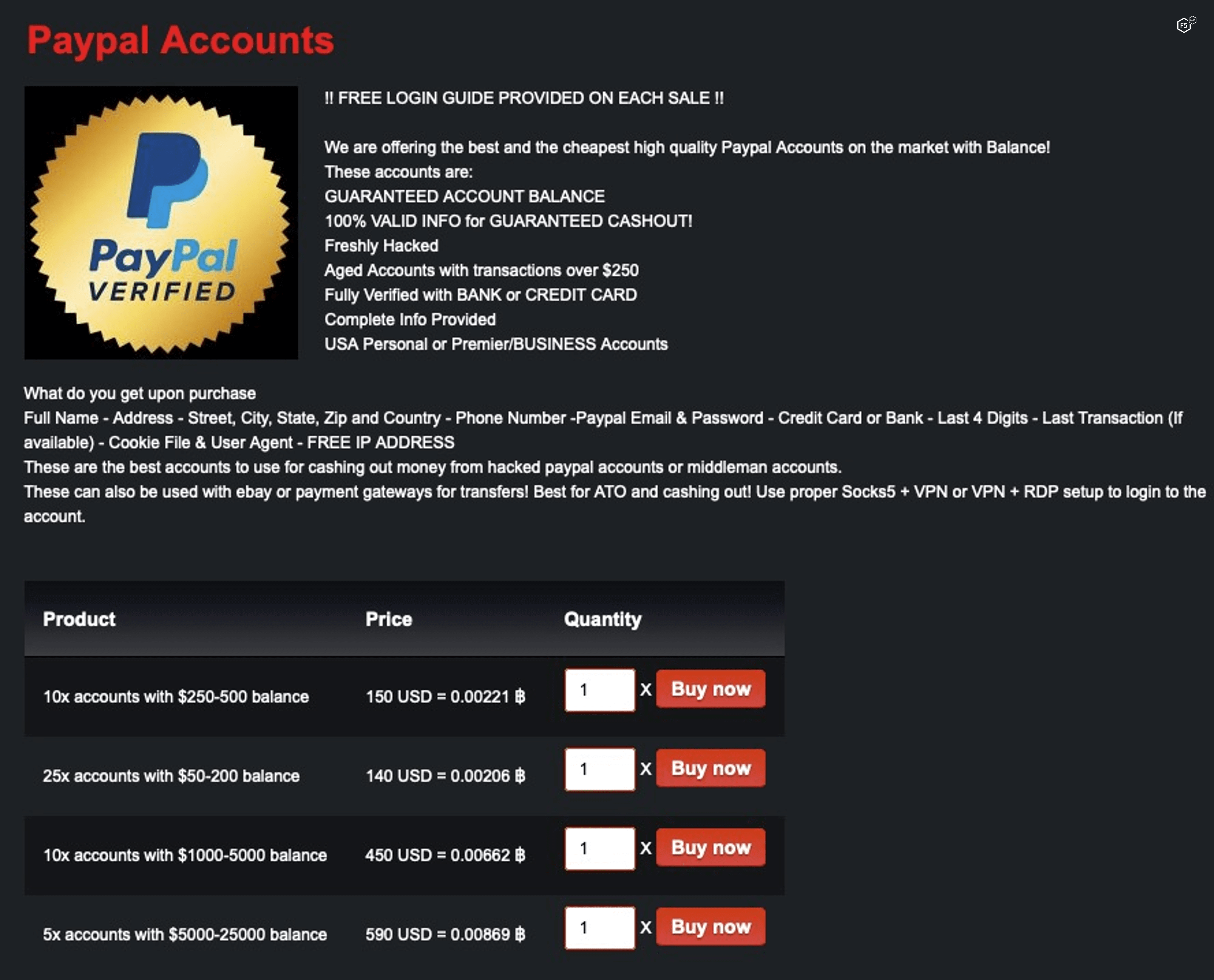 Compromised PayPal accounts for sale on the dark web.