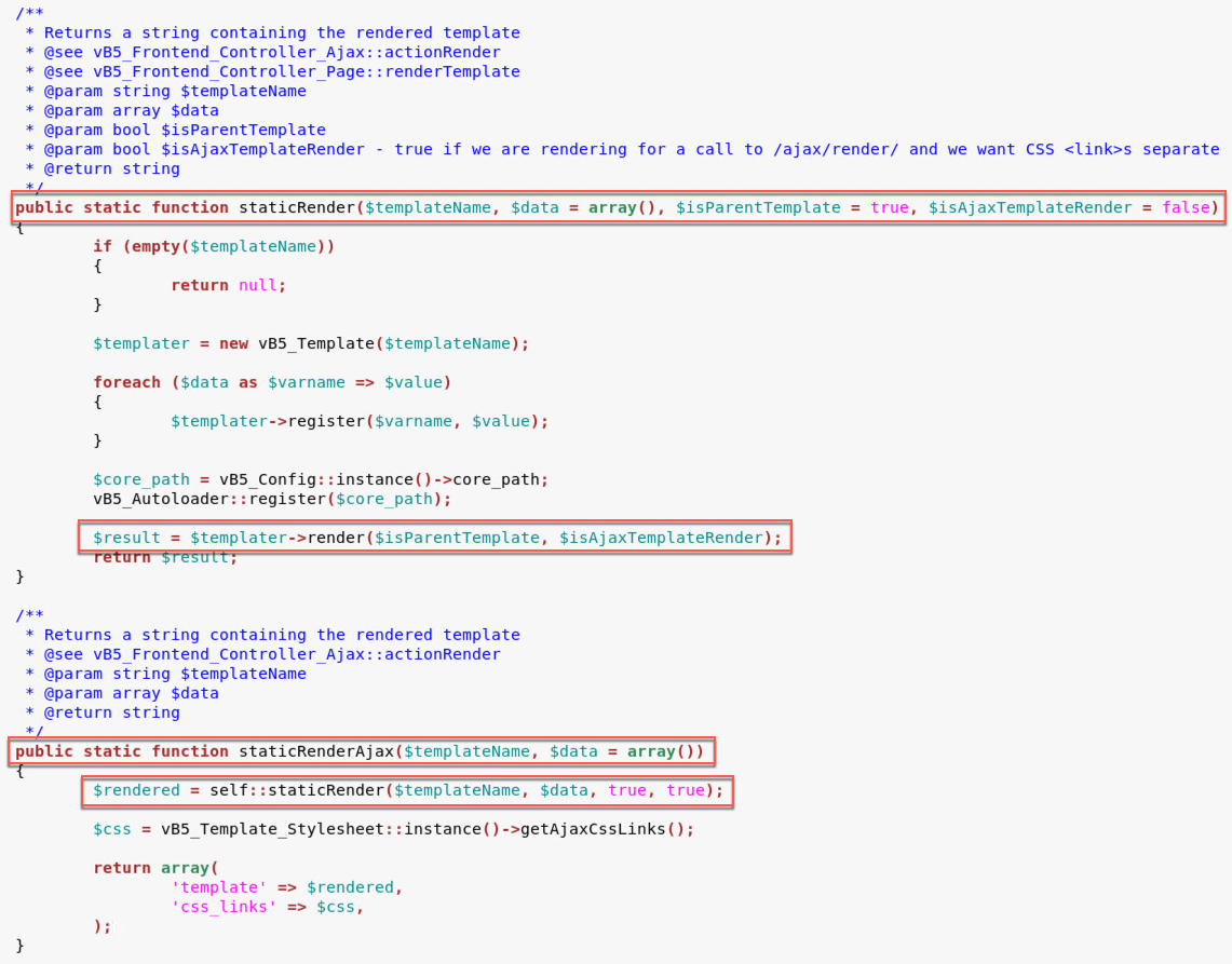 Figure 6. vBulletin source code calls the render function within template.php file.