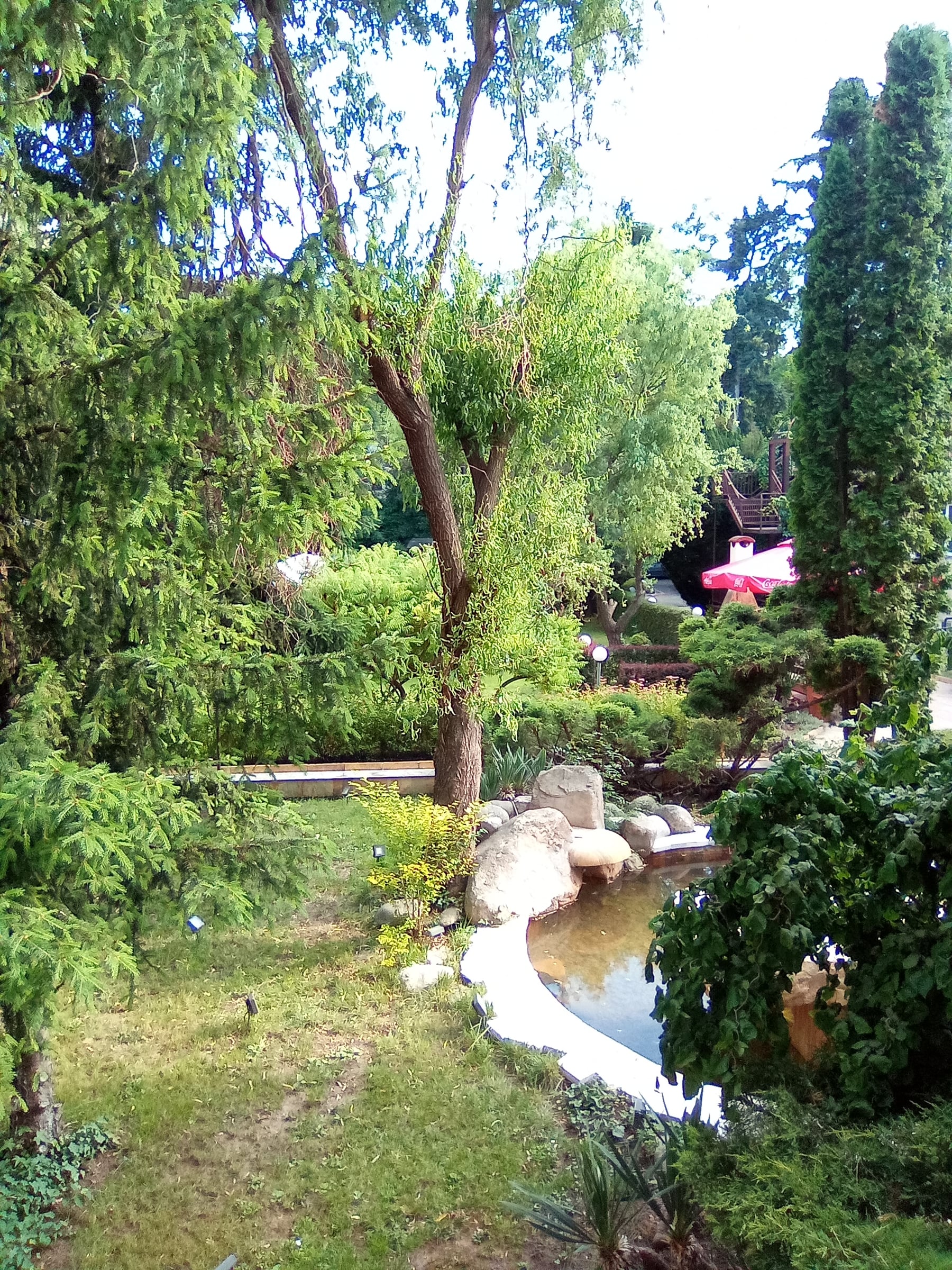 Garden pond edged with white stones among willows, cypresses and shrubs