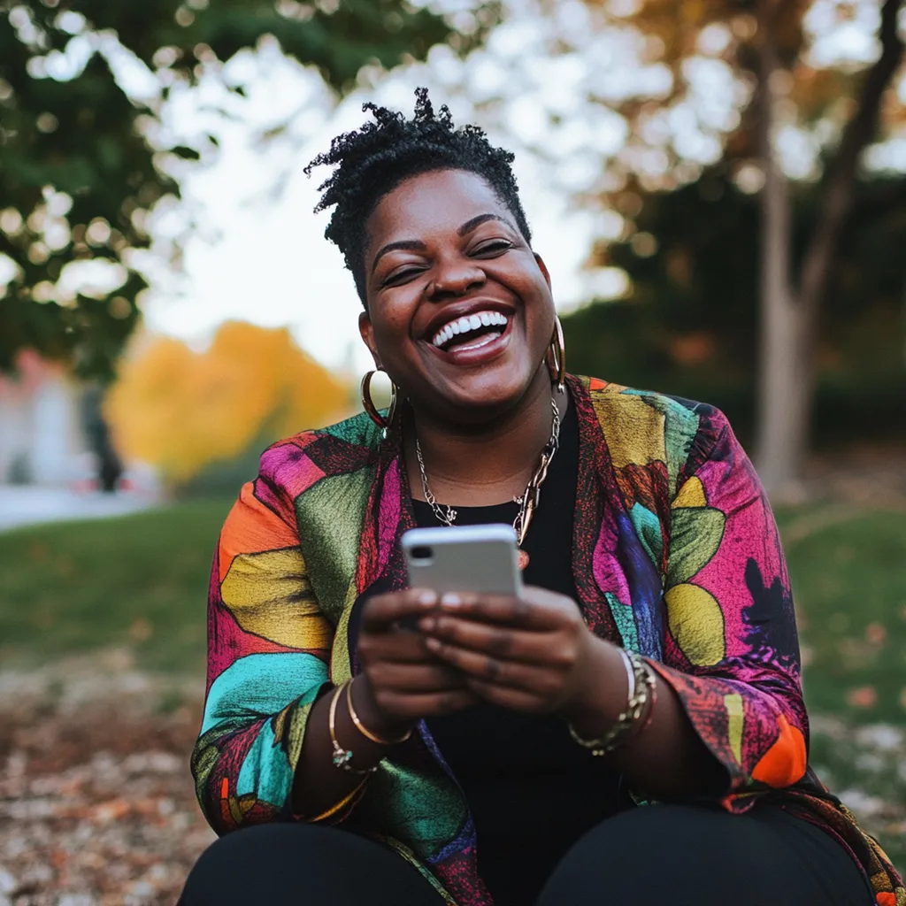 Happy person online banking outside on their phone.