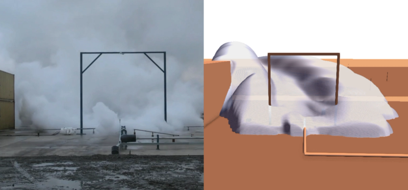 Video of fog-plume from Test 5 looking downwind, plow shape of plume from simulation can be seen (video from DNV GL, presented in Teknisk Ukeblad)