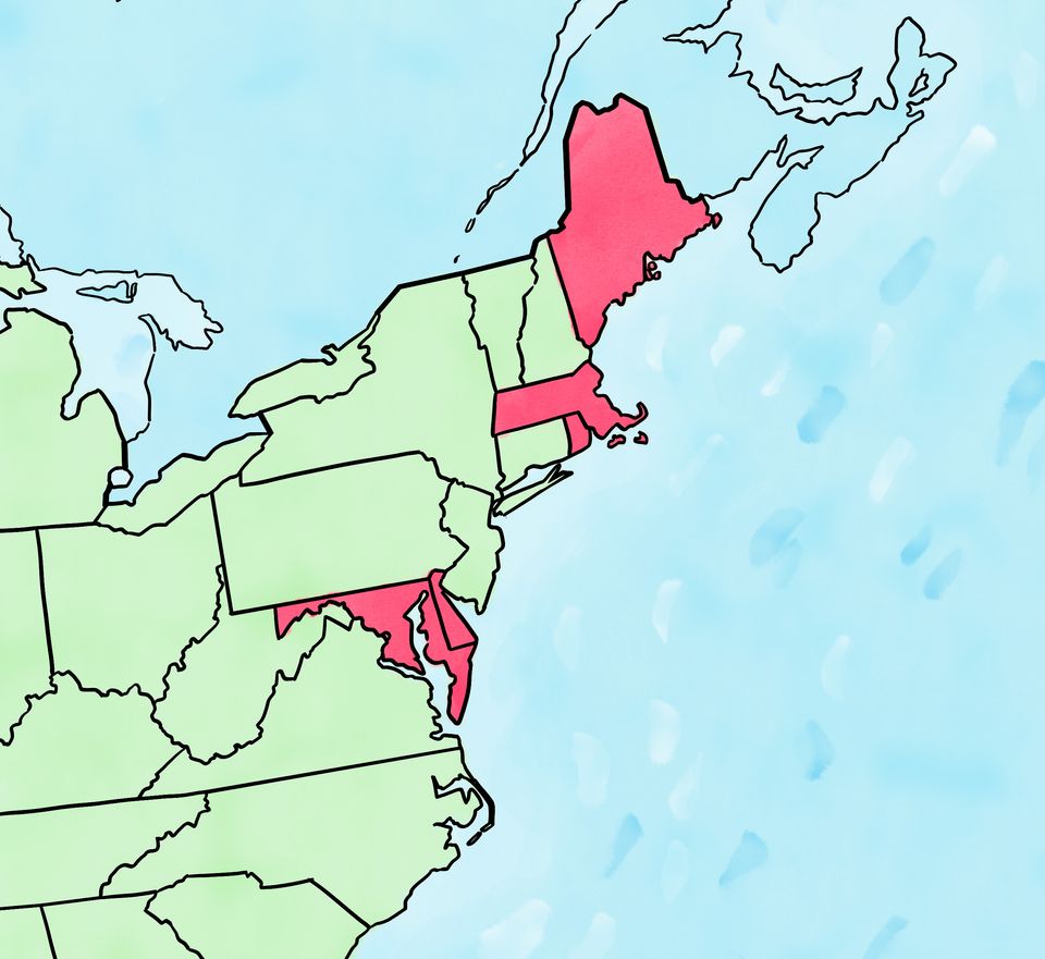 Image of a pink map, cannabis fruit chews Massachusetts Maine Delaware Rhode Island Puerto Rico