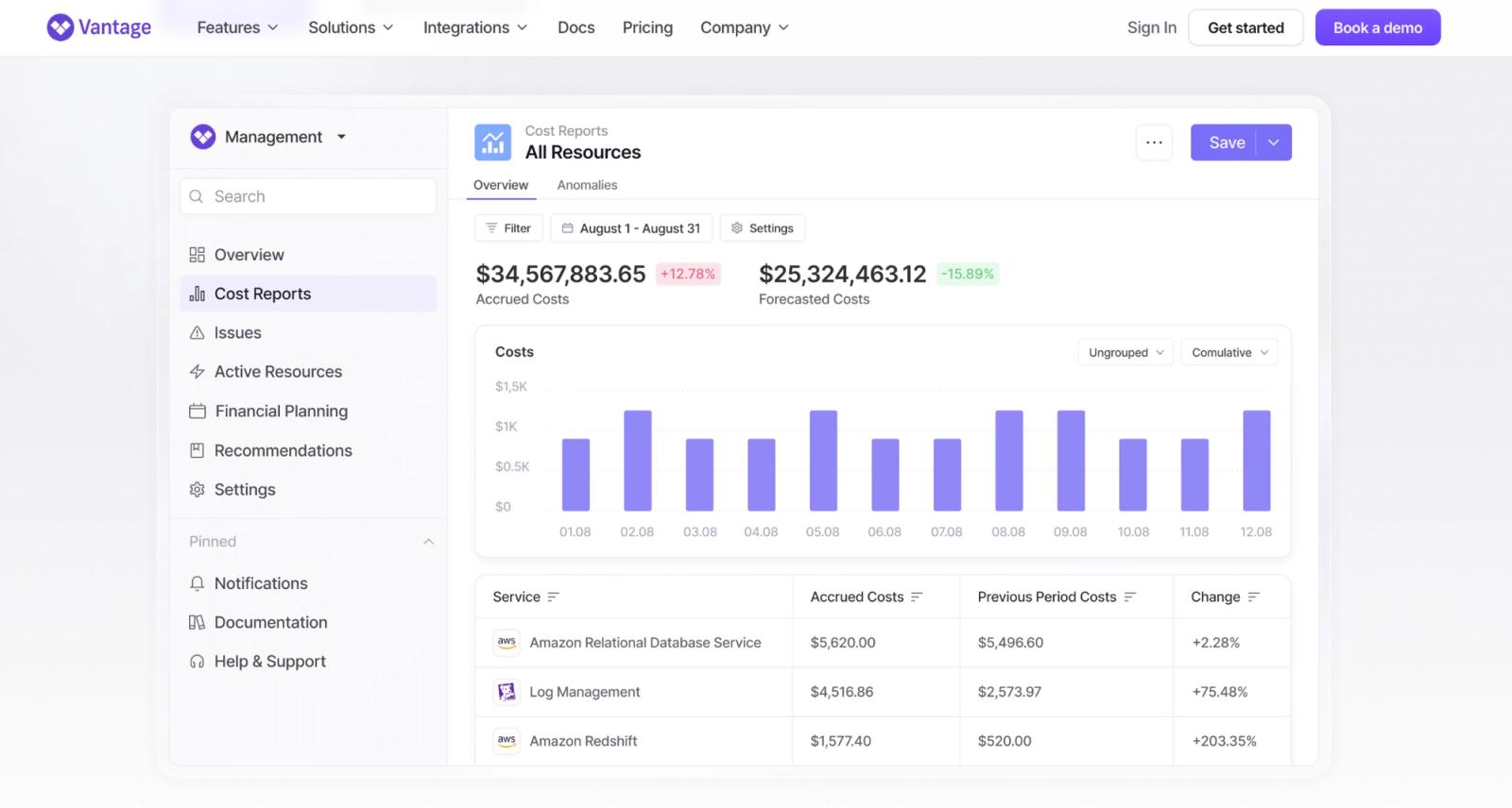 Vantage's website showing its Cost Reports dashboard, with $34,567,883.65 in accrued costs and $25,324,463.12 in forecasted costs, a daily cost chart for August, and a table breaking down accrued costs, previous period costs, and change by service.