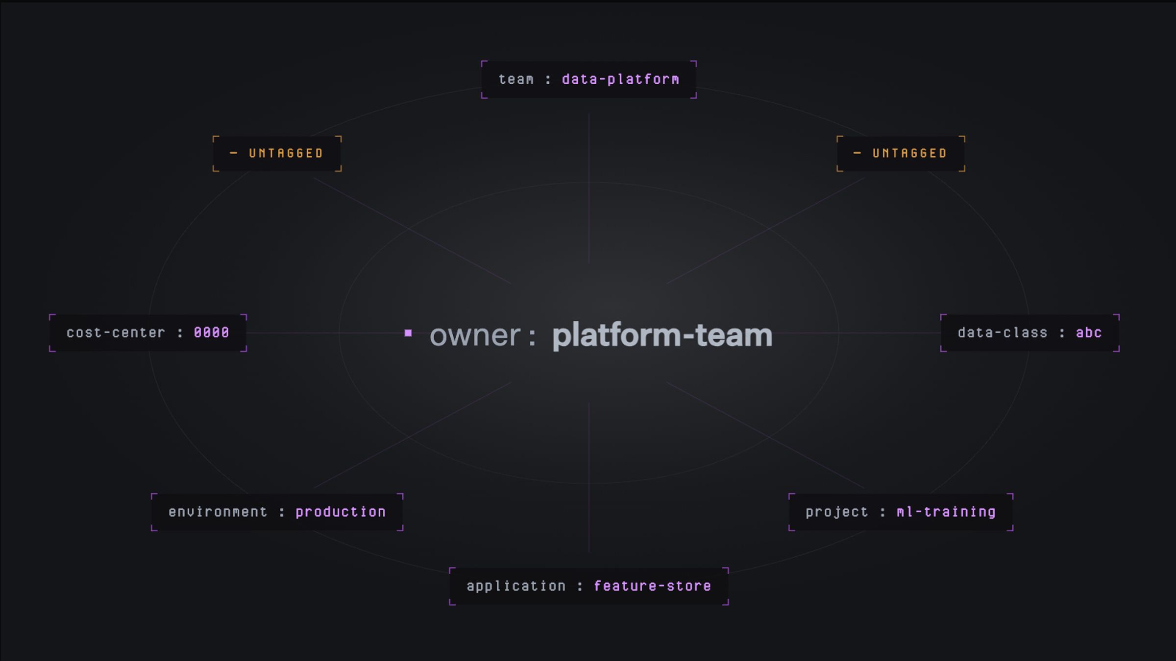 Diagram showing tag values on a cloud resource owned by platform-team. Populated tags include team as data-platform, cost-center as 0000, environment as production, application as feature-store, project as ml-training, and data-class as abc. Two additional tag fields are marked as untagged.