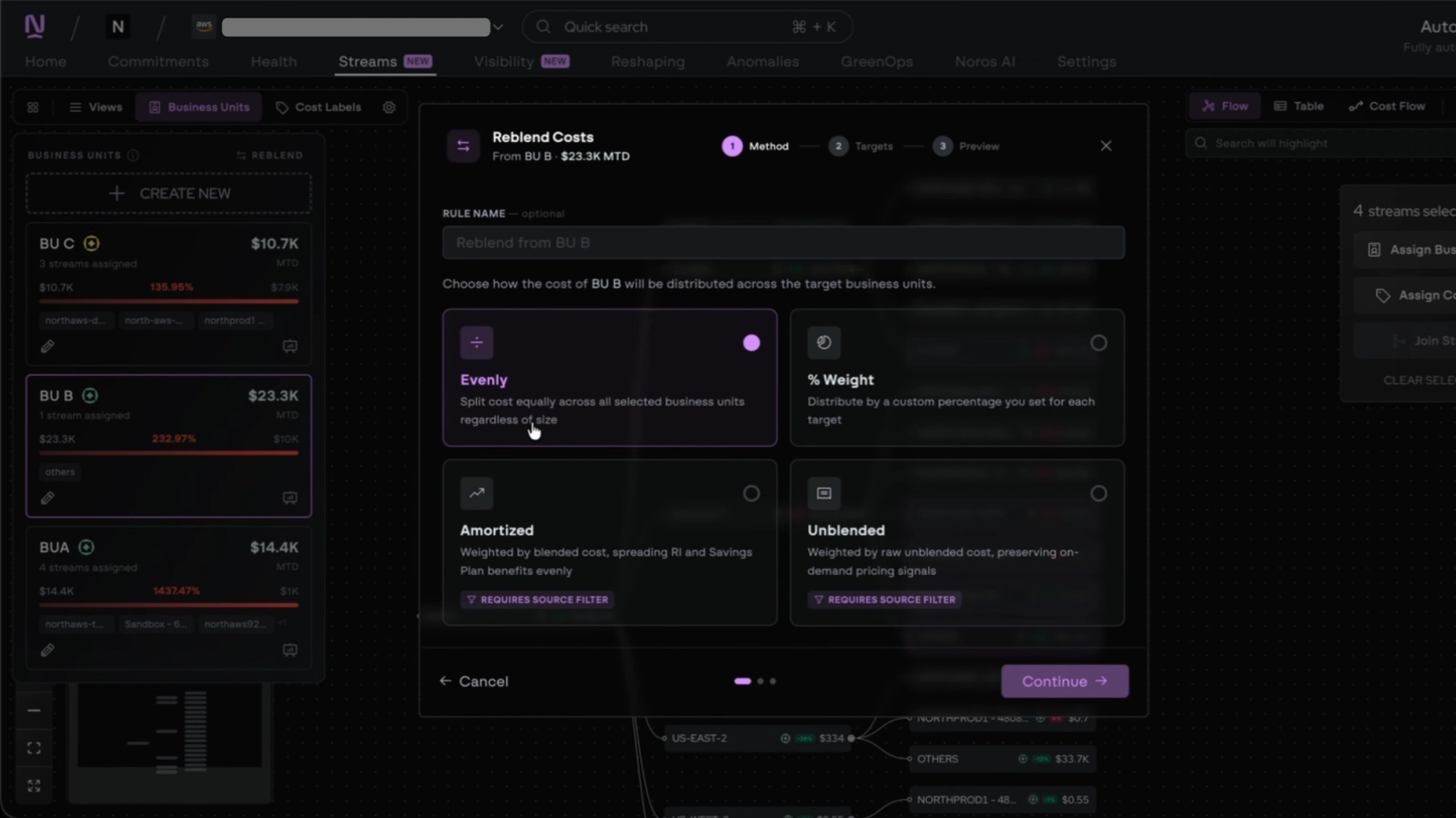 As seen within the North.cloud app, Reblend allows teams to split costs evenly, weighted, amortized, or unblended.