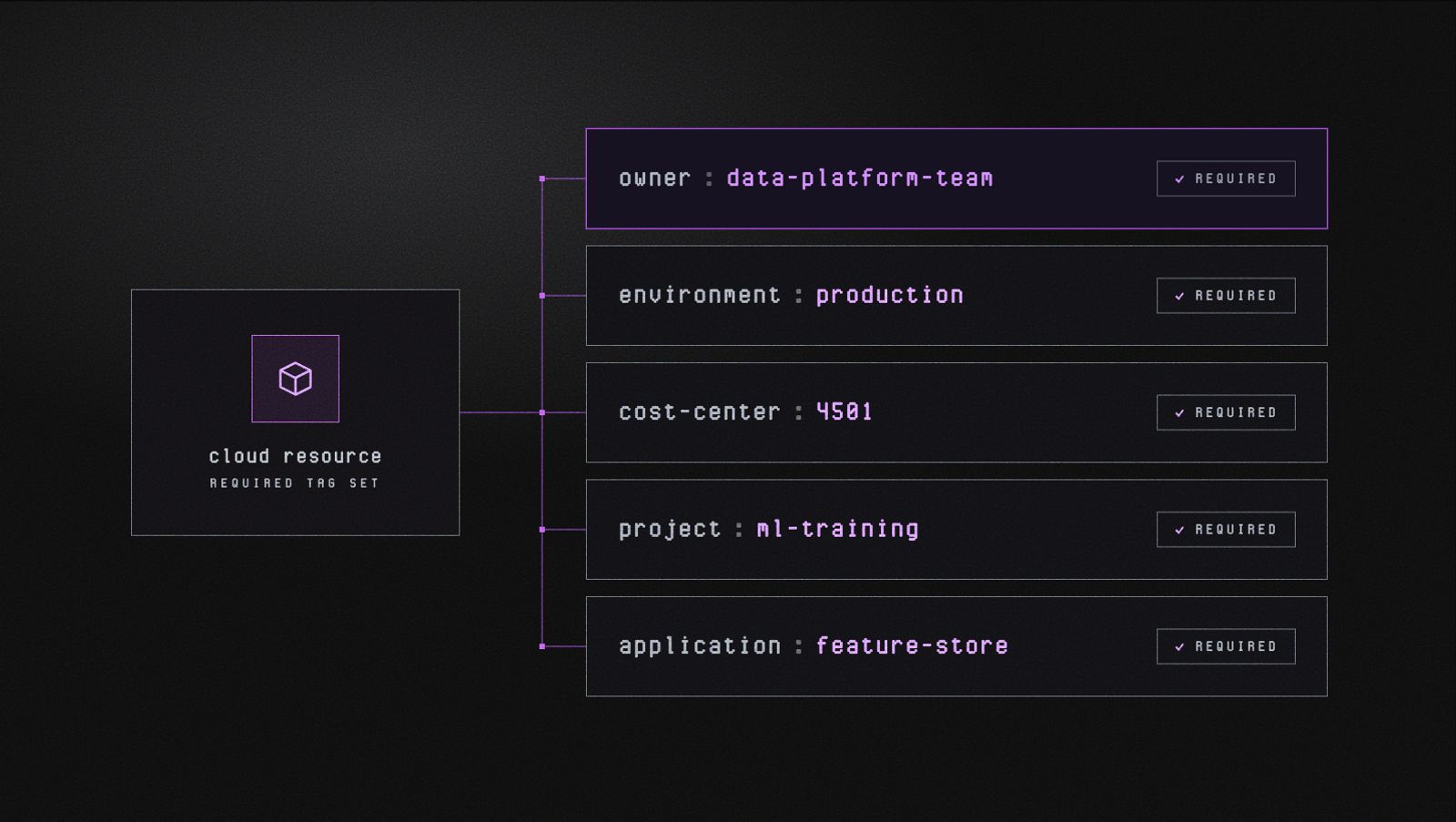 Diagram showing a required tag set for a cloud resource, with five required tags branching out. Owner set to data-platform-team, environment set to production, cost-center set to 4501, project set to ml-training, and application set to feature-store, each marked as required.